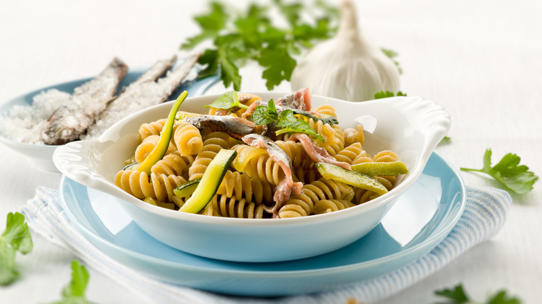 Spiral pasta with anchovies