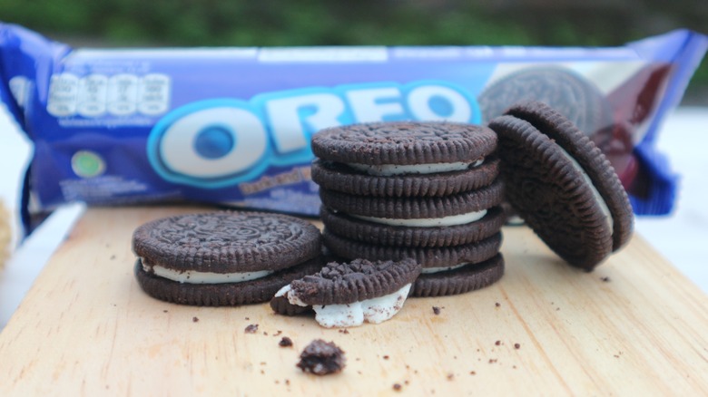 Oreo cookies stacked with package