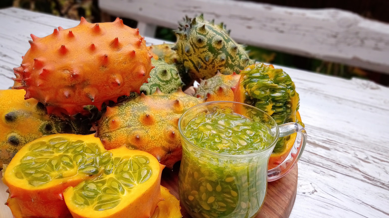 Whole kiwano fruit and juice