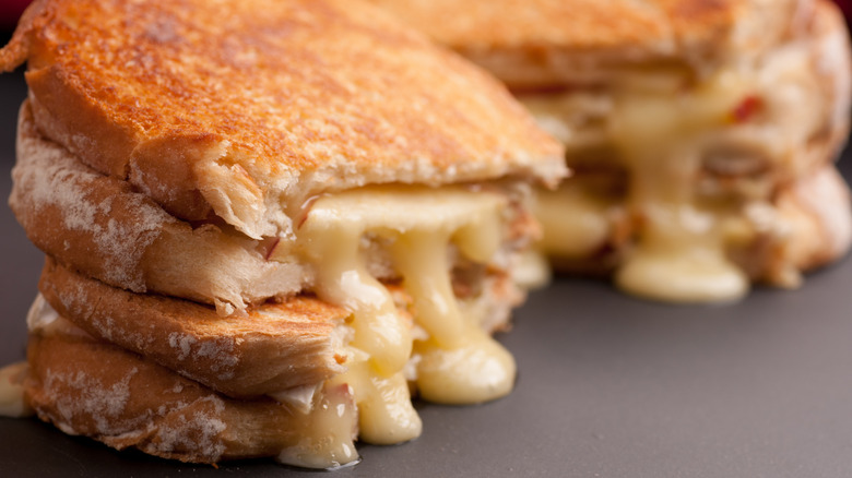 Close-up of apple and Brie grilled cheese cut in half