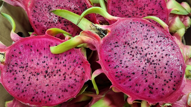 Close-up of pink dragon fruits cut into halves