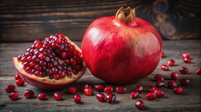 Pomegranate fruit whole and opened, surrounded by seeds