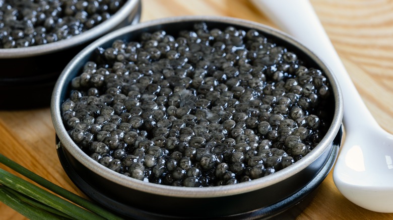 black caviar in dish with spoon