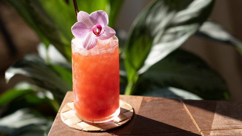 Red tiki cocktail assembled in a tall glass packed with ice and garnished with a pink orchid standing on a brown counter with some leaves in the back