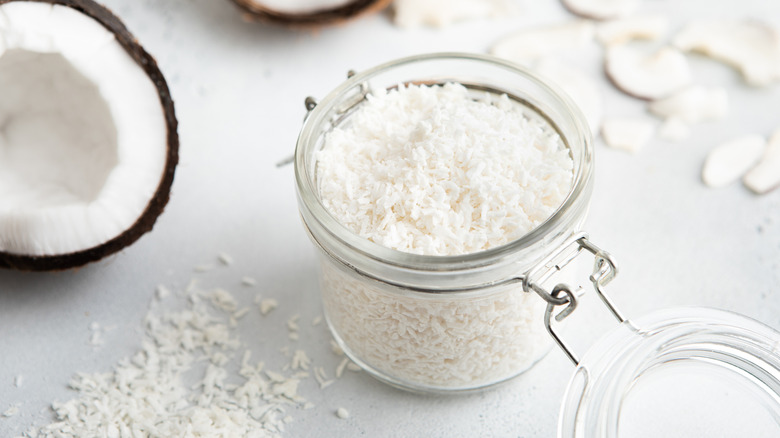 Open jar of shredded coconut