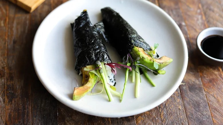 Charred Avocado Hand Rolls served on a white plate