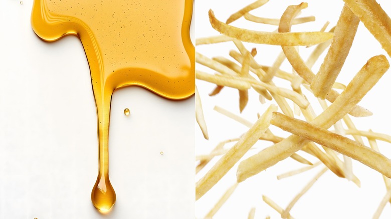 A collage of honey dripping and french fries floating