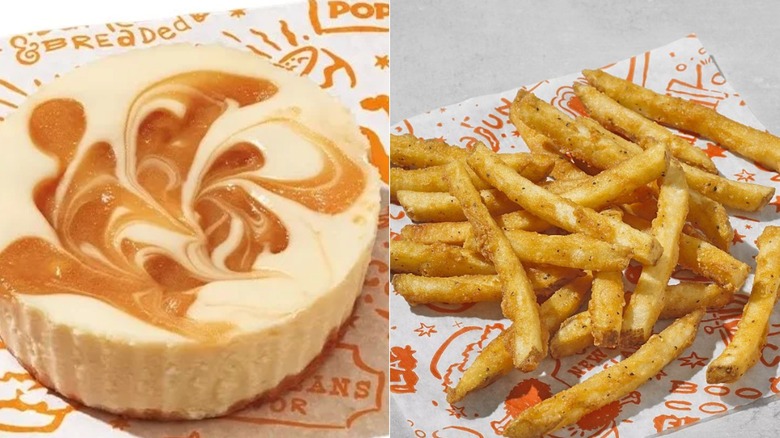 A collage of Popeyes fries and apple pie on Popeyes wrappers