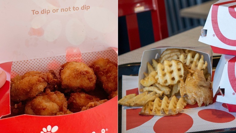 A collage of Chick-fil-A french fries and chicken nuggets in packaging