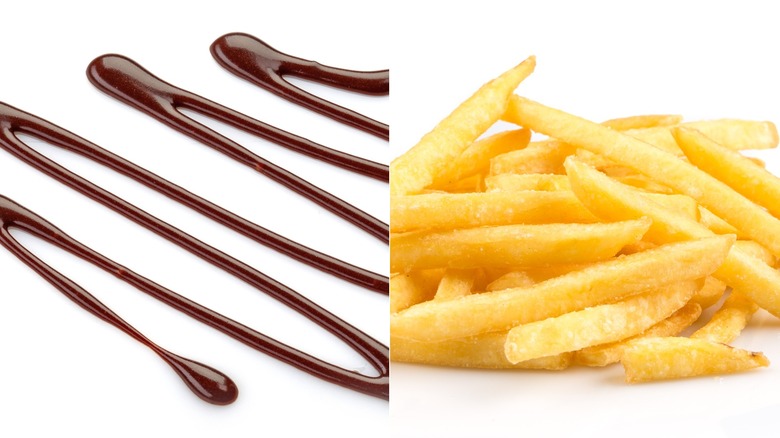 A collage of drizzled chocolate sauce and pile of french fries