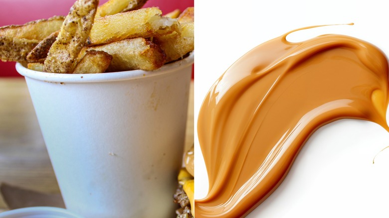 A collage of fries in cup and smeared peanut butter