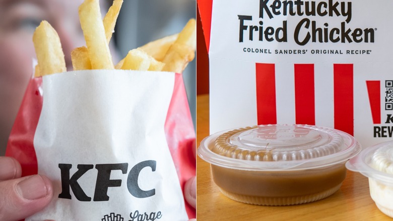 A collage of a person holding KFC french fries and a container of gravy