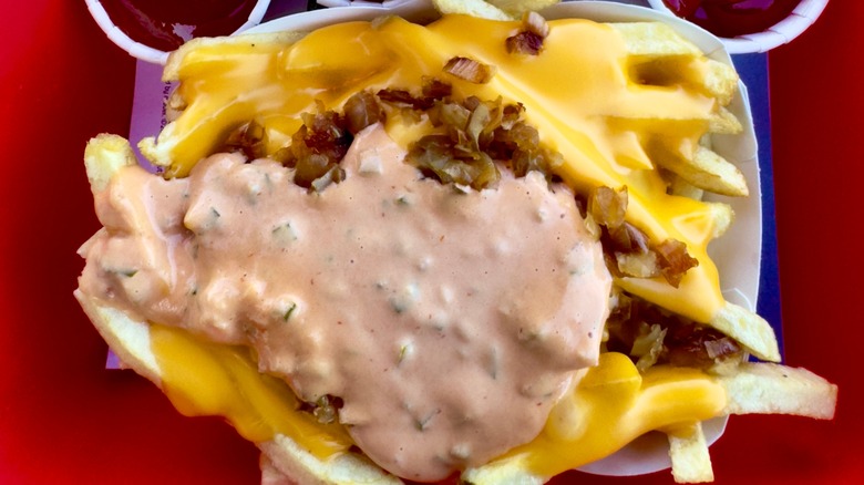 In-N-Out animal style fries on a red tray