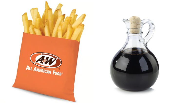 A collage of A&W fries and malt vinegar