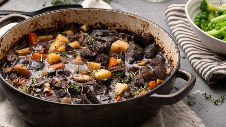 Venison stew in Dutch oven