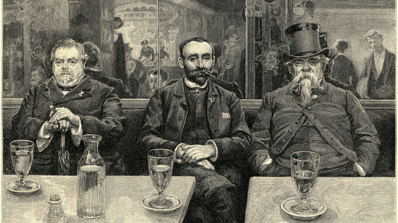 Sketch of three men drinking absinthe