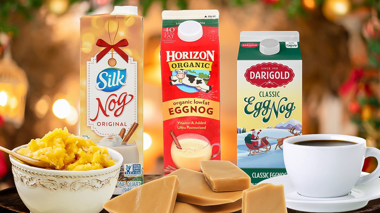 Three cartons of store-bought eggnog with various ingredient additions