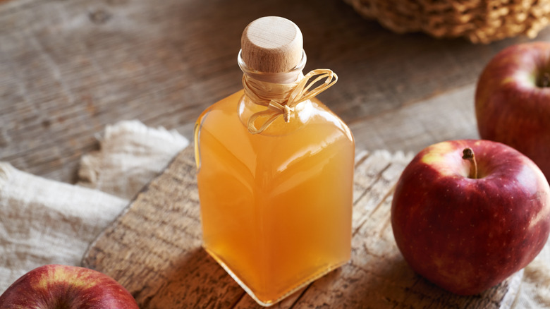 Apple cider vinegar in bottle with red apples