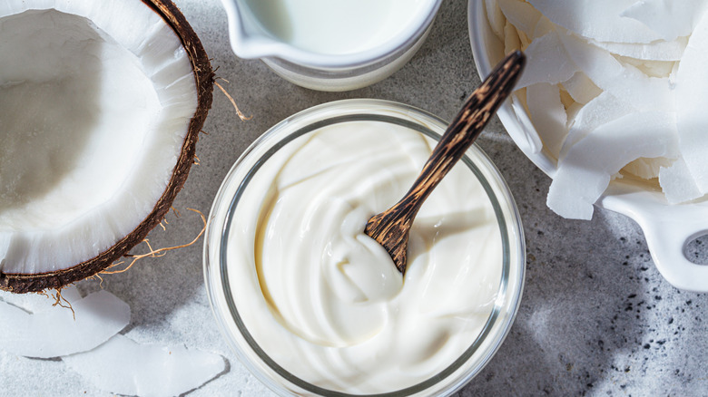 Bowl of coconut yogurt with coconut