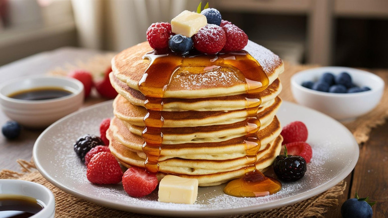 Stack of gluten-free pancakes with berries, butter, and maple syrup on white plate