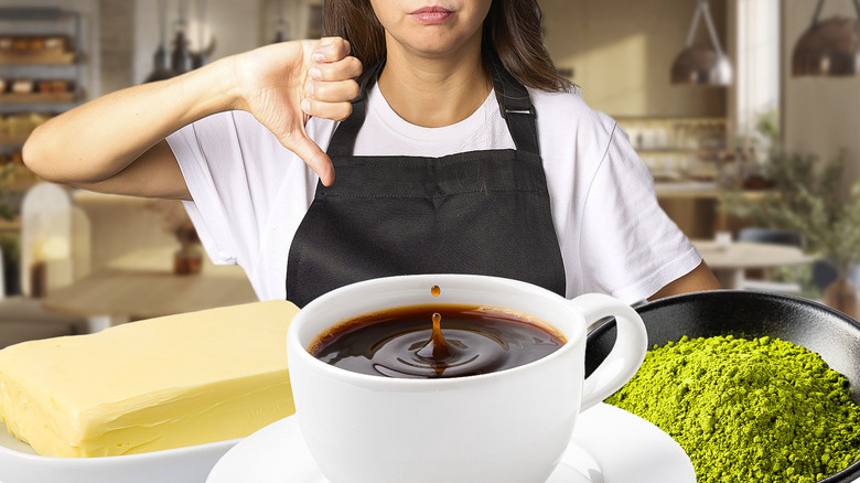 Barista pointing thumb down at coffee with bowl of matcha powder and butter