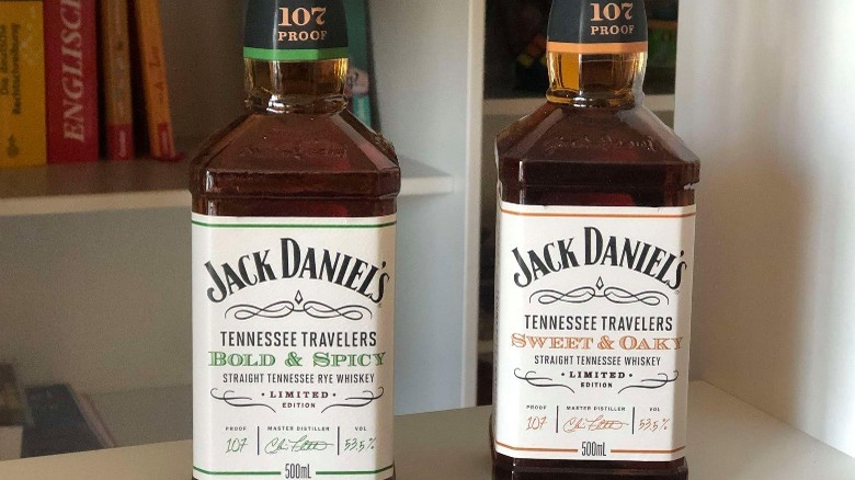 Jack Daniel's Tennessee Travelers bottles on bookshelf