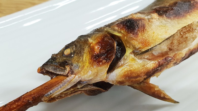 Close-up of grilled fish on stick