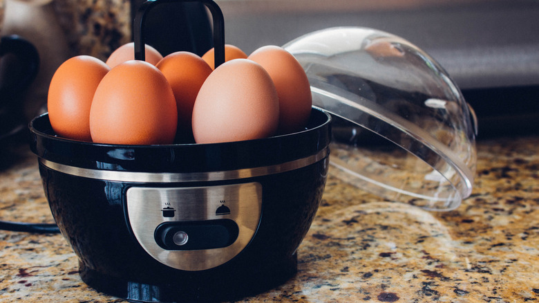 Electric egg cooker on countertop containing seven whole eggs