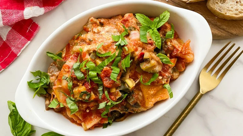 Colorful crockpot lasagna in plate