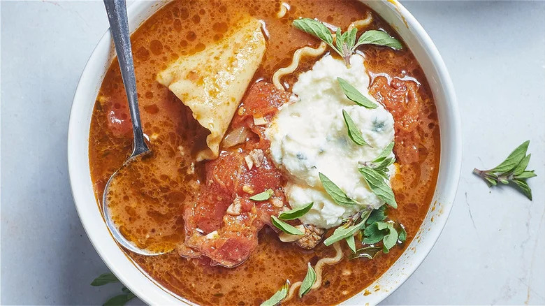 Lasagna soup in white bowl