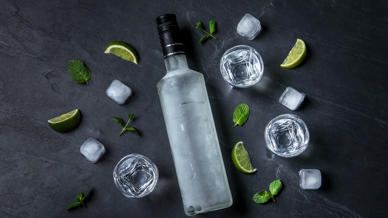 Vodka bottle surrounded by mint