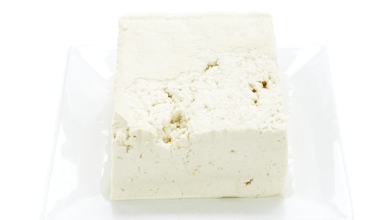 block of tofu on white plate