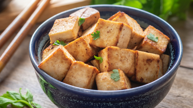 Fried tofu pieces in bowl