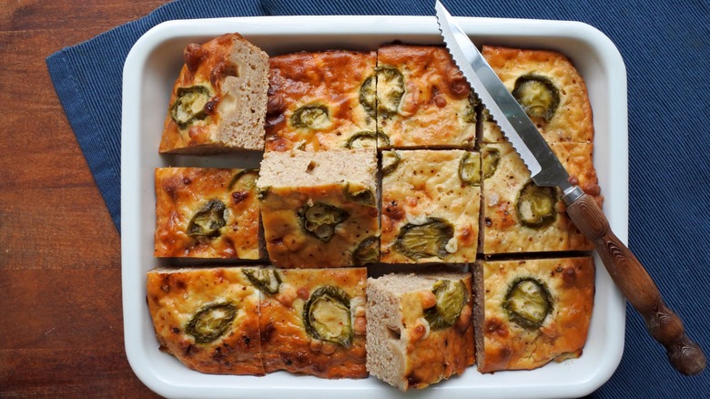 Jalapeño cornbread sliced in tray