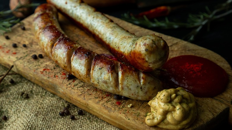 Sliced bratwurst with mustard