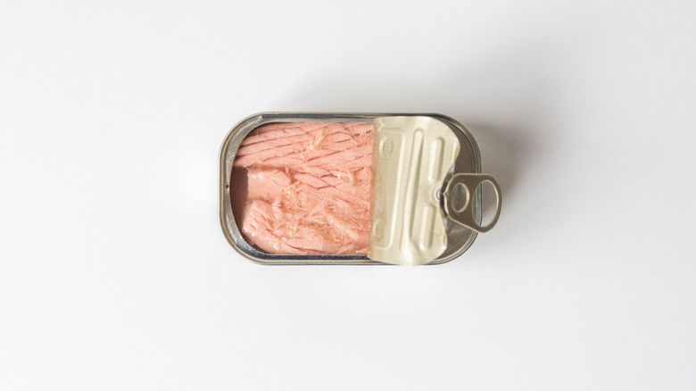 Top view of an open can of tuna in brine