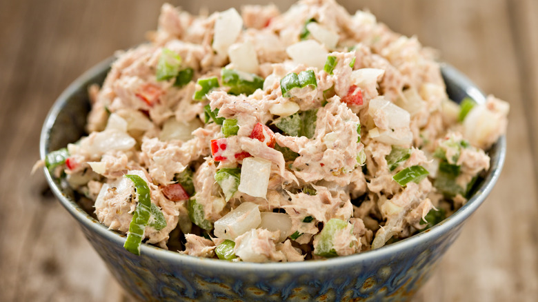 Bowl loaded with mixed tuna salad