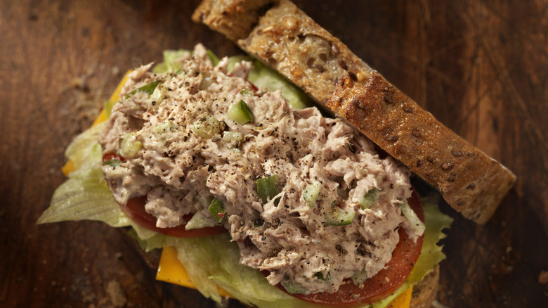 Open tuna salad sandwich with thick slice of bread