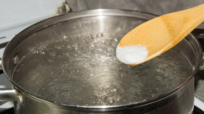 A wooden spoon with salt hovers over a pan of boiling water.