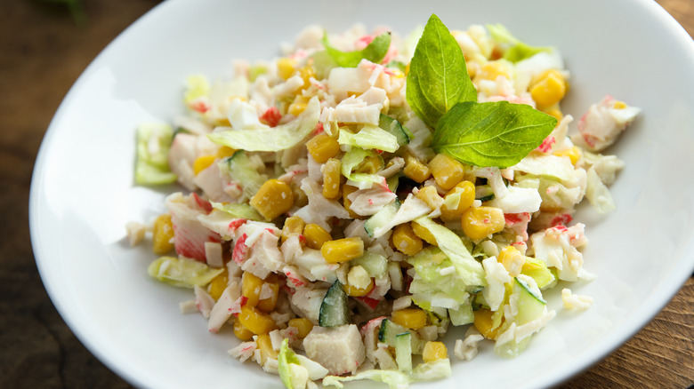 crab salad with corn in dish