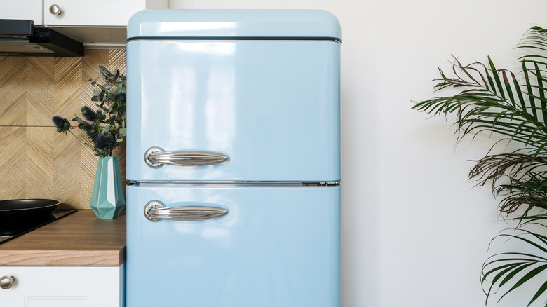 blue refrigerator with stainless steel handles