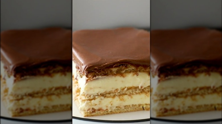 Close-up of a chocolate eclair cake slice