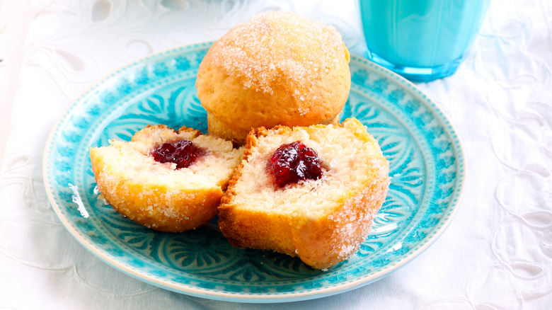 Jam donut muffins on a blue plate