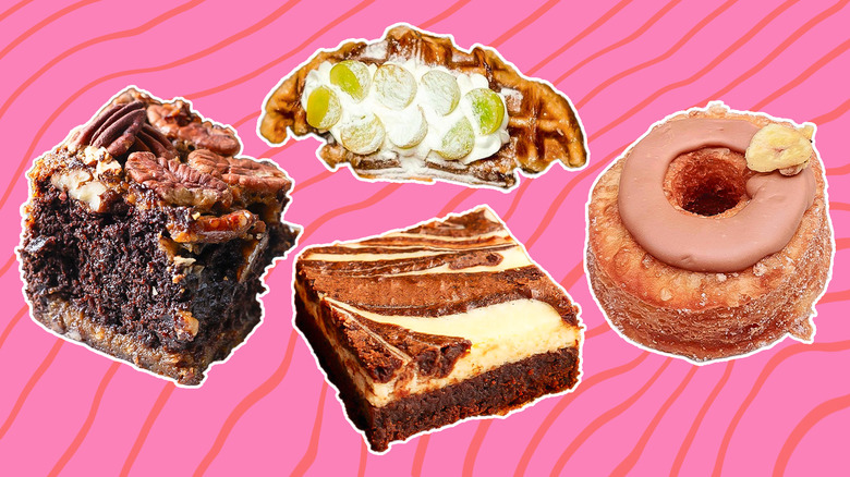 Various hybrid baked goods on a pink background