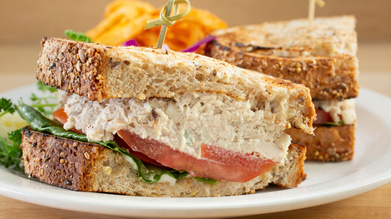 Close-up of tuna salad sandwich on white plate