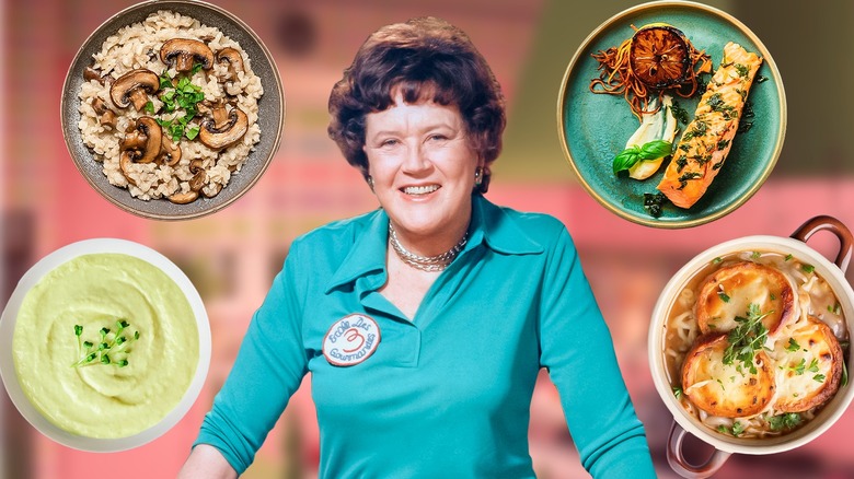 Composite image featuring Julia Child and several of her favorite foods
