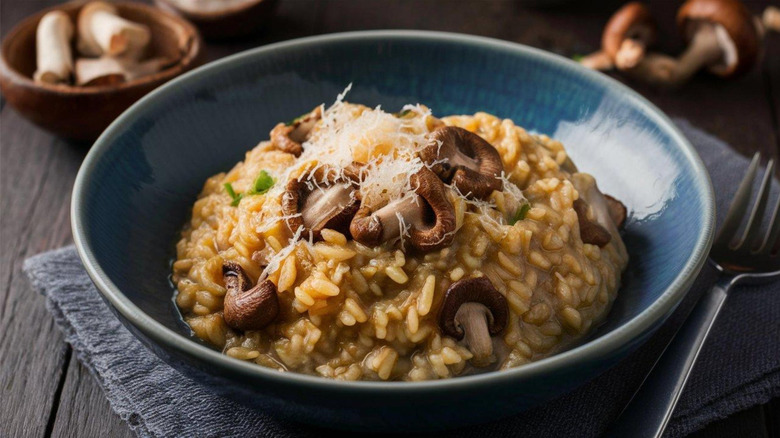 Mushroom risotto in blue bowl