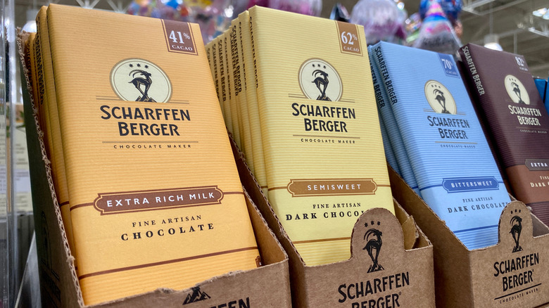 Variety of Scharffen Berger chocolate bars on store shelf