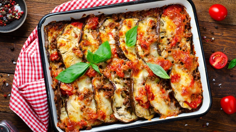 eggplant casserole on checkered cloth