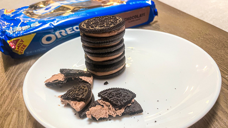 Stacked chocolate flavor creme Oreos